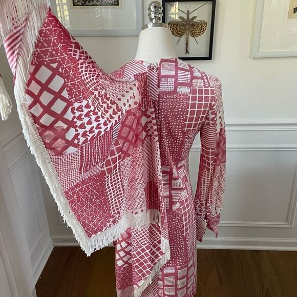 Vintage 70s Mauve Pink White Retro Print Shift Dress Scarf XS S - Picture 8 of 10